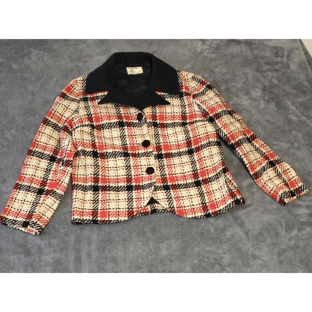 Vintage Turtle Bay Plaid Wool Jacket Blazer Red Black Ivory‎ Tweed Aesthetic 12